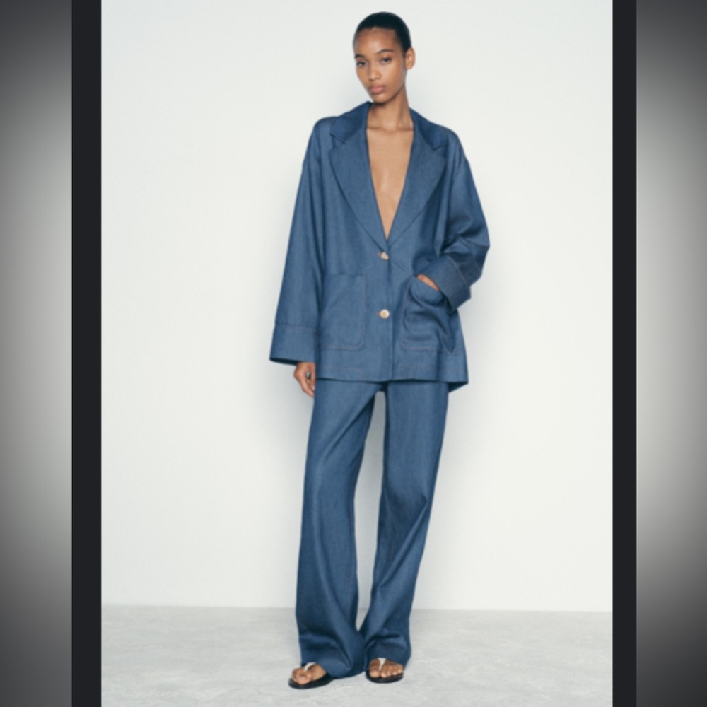2-pc Zara denim effect oversized blazer and wide leg pants set